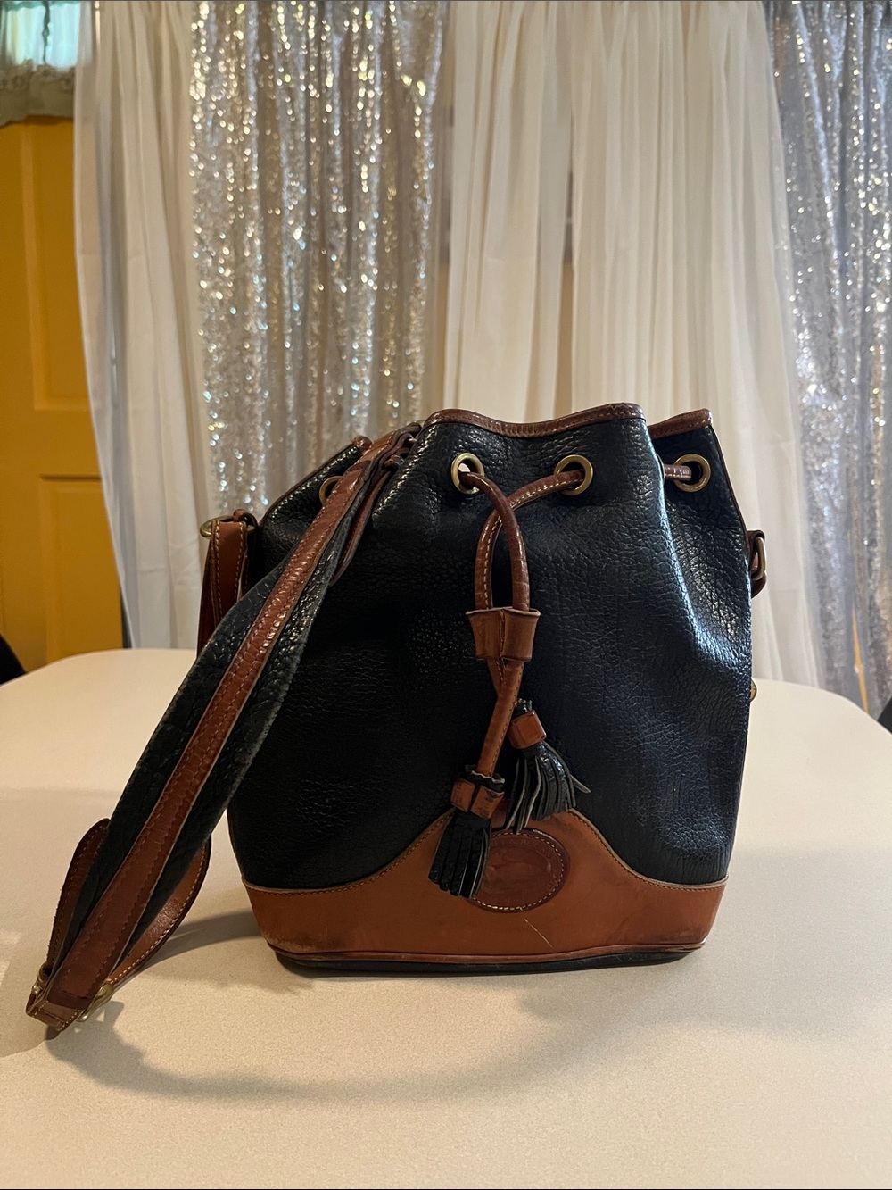 Navy and Brown Leather Bucket Bag - Classic Women's Shoulder Bag
Vintage